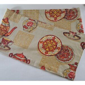 Vintage Window Valance Beige Red Tea Pot Cups Pary Cottage Handmade 82x11